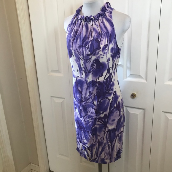 Taylor Silk Purple Floral Shift Dress Ruffle Neck - Picture 4 of 8